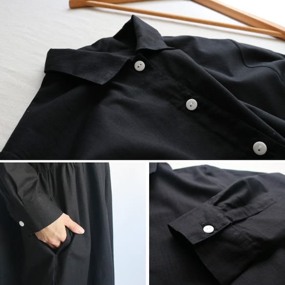 『優雅に広がるウエスト ギャザー ワンピース 』紗織コットン100％ロング シャツ黒A42(dr509) 3枚目の画像