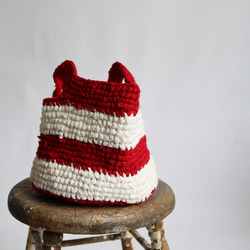 ⁑ラスト1。ＥＣＯ生活ＰＲＩＣＥ【Ｓサイズ】『裂く編む鞄』裂き織り手編みハンド エコ バッグ自立 赤×白エコZ47C 3枚目の画像
