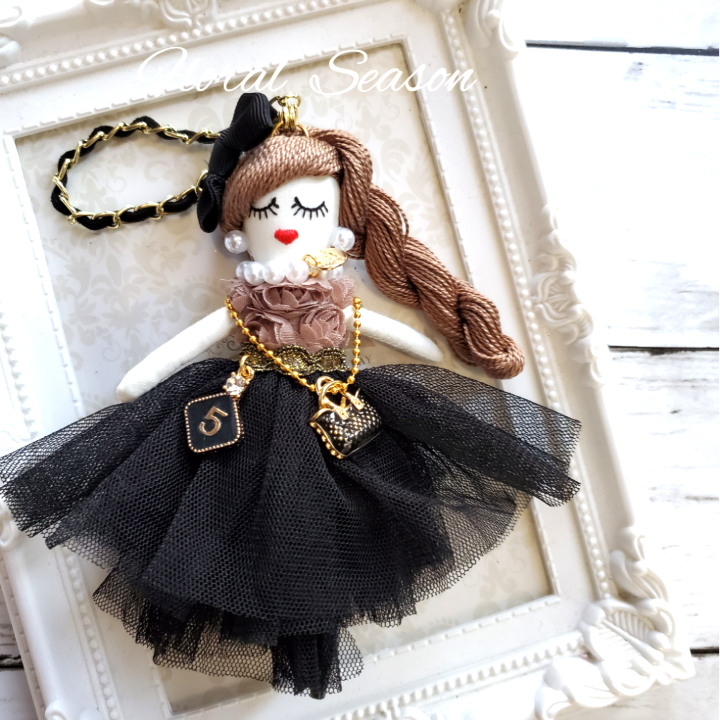 ブラック チュールドレスのルルベちゃん バッグチャーム Floral