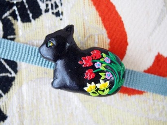黒猫の帯留め(sold) 1枚目の画像