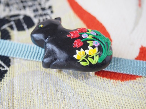黒猫の帯留め(sold) 3枚目の画像
