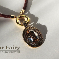 ☆ 新作 ☆ 一点物 25mm×18mm SWAROVSKI ゴールデンシャドー 四つ編みレッドブラウン本革チョーカー 1枚目の画像