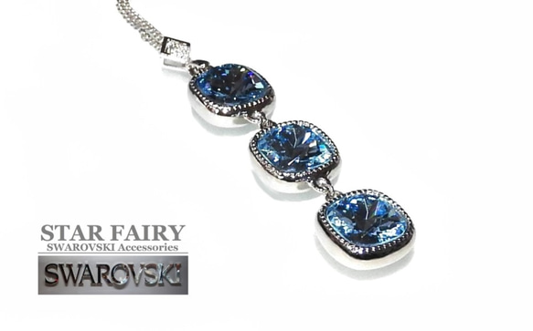 ☆ 新作 ☆ SWAROVSKI アクアマリン スクエア3連 ネックレス 3枚目の画像