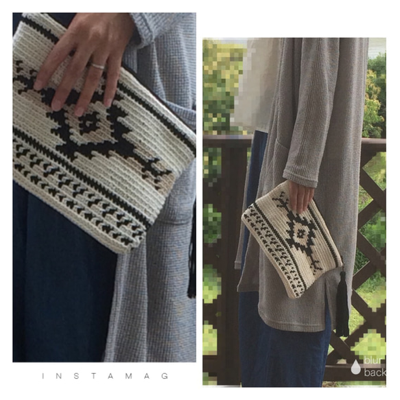 送料無料＊オルテガ柄 ネイティブ柄のポーチ クラッチ タッセル付き