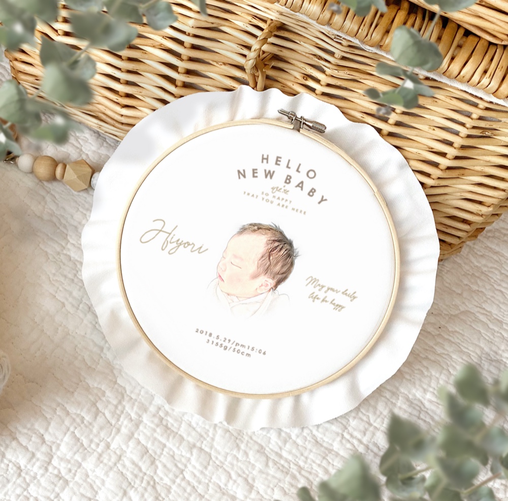 ロゼッタみたいな似顔絵のファブリックパネル　SMサイズ　似顔絵　ベビー　バースプレート 　Birth Plate　 バー