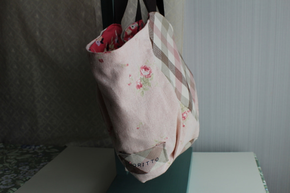 ハートBAG　ピンクチェックｘ花柄 2枚目の画像