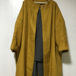 リネン100%オードリー襟コート‼️ウエスト紐付き‼️フリー‼️マスタード‼️お色画像より少し暗めです。 2枚目の画像