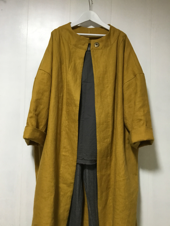 リネン100%オードリー襟コート‼️ウエスト紐付き‼️フリー‼️マスタード‼️お色画像より少し暗めです。 2枚目の画像
