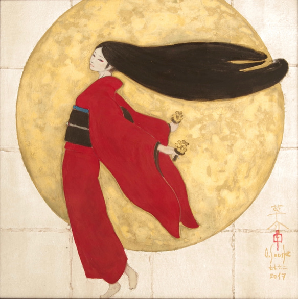 肉筆 日本画 「月舞」 小野池草介作　Japanese Painting [tsuki-mai] O.Souske 1枚目の画像