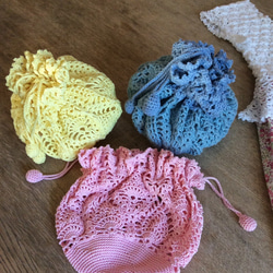 ハンドメイド　かぎ針編み　可愛い巾着袋　ピンク 5枚目の画像