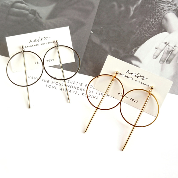 サークルとスティックのシンプルな大ぶりピアス/イヤリング 3枚目の画像