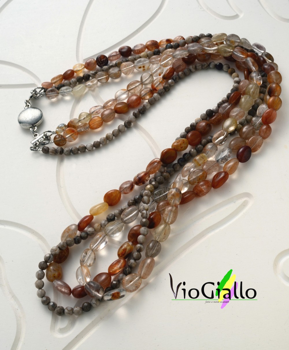 ブロンズルチルクォーツの彩り三連セミロングネックレス