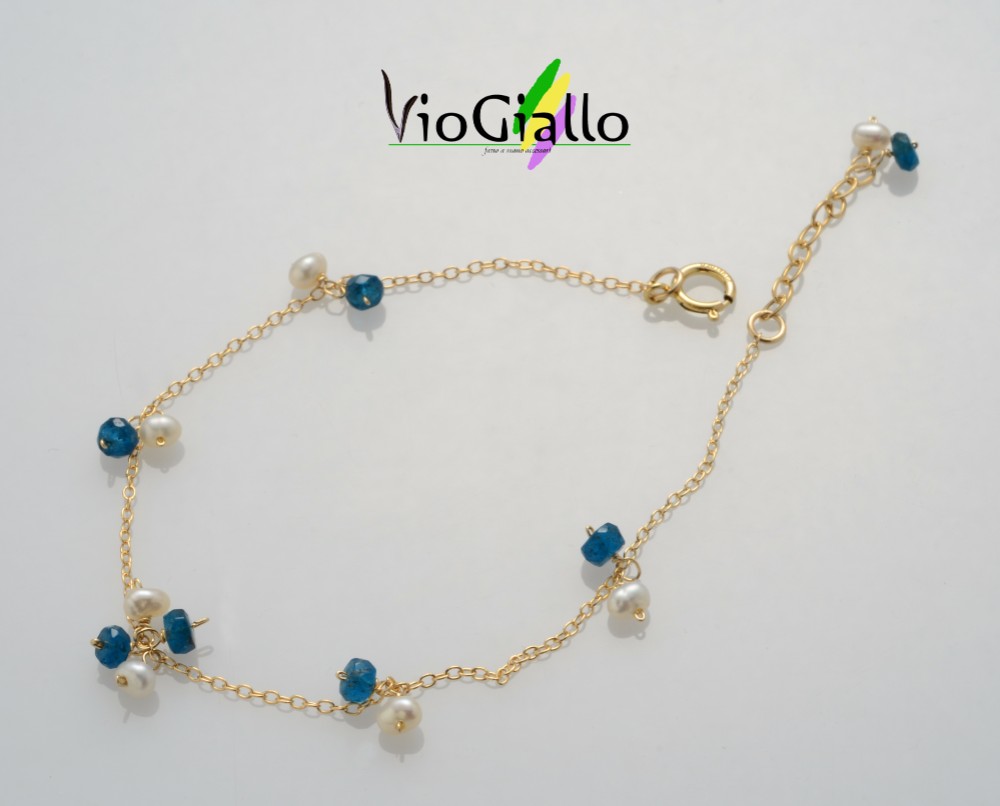 ネオンブルーアパタイトと淡水パールの粒々ブレスレット(14kg)