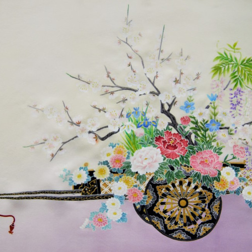 友禅染め・伝統模様「花車」＜牡丹・梅・菊・藤・桔梗・菖蒲＞ お着物