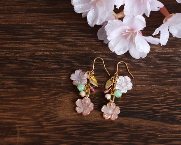 【さくら、咲く】 ピンクシェルの桜2輪のピアス/p421 1枚目の画像
