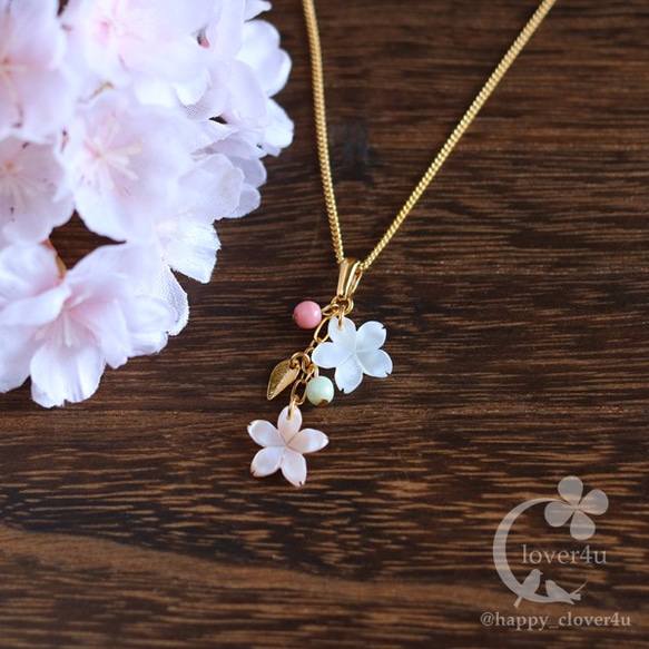 【さくら、咲く】ピンクシェルと白蝶貝の桜２輪のネックレス/n217 1枚目の画像