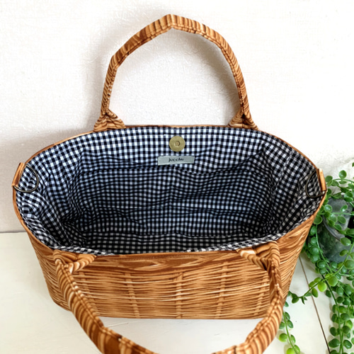 思わず2度見！カゴ風バッグ （S）茶カゴ柄生地 トートバッグ jucchu