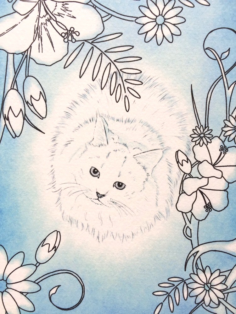 [botanical garden] パステル画のイラスト ボタニカル調の猫