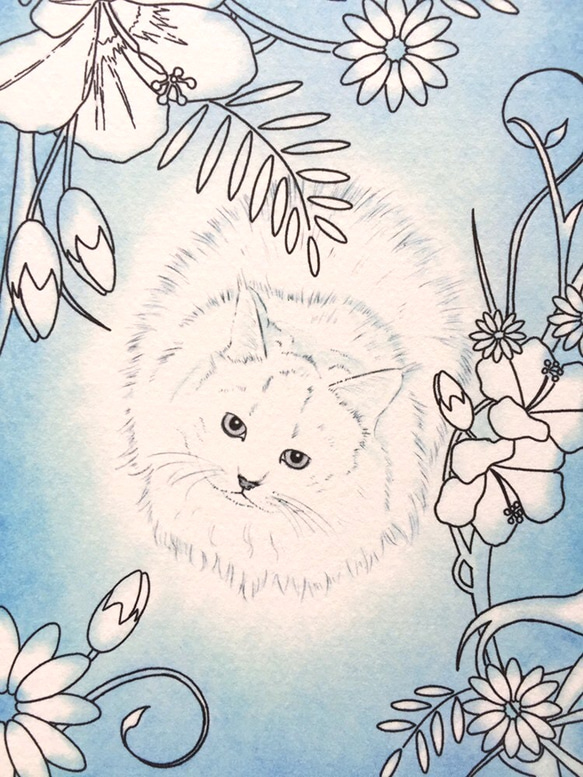 [botanical garden] パステル画のイラスト ボタニカル調の猫 1枚目の画像