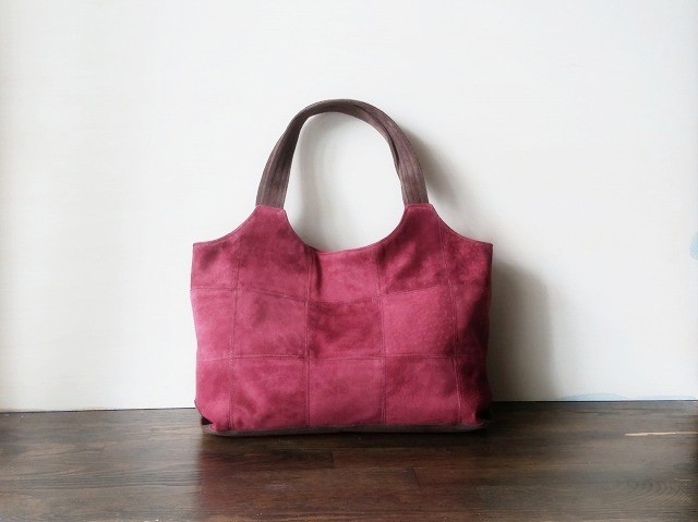 ピッグスエードの手提げ (M)  ワインとブラウン