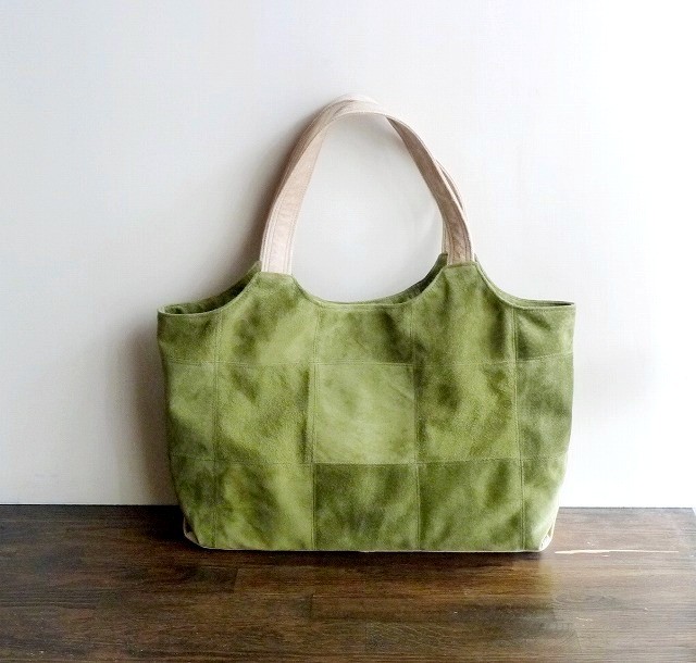 ピッグスエードの手提げ (L)  オリーブとライトキャメル