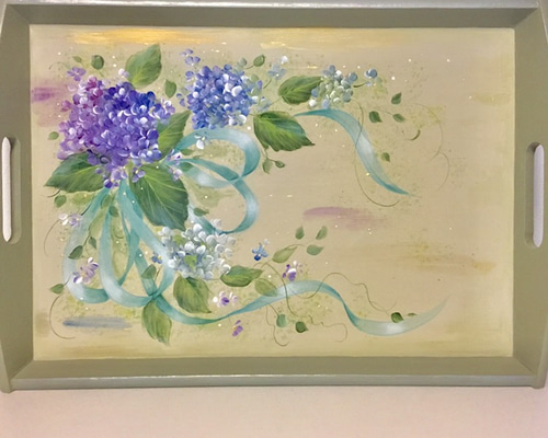 トールペイント作品 フルーツと花のバスケット 仕上っ 飾りトレイ