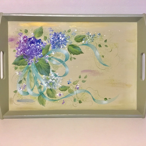トールペイントの紫陽花のトレイ その他キッチン小物 Seaside