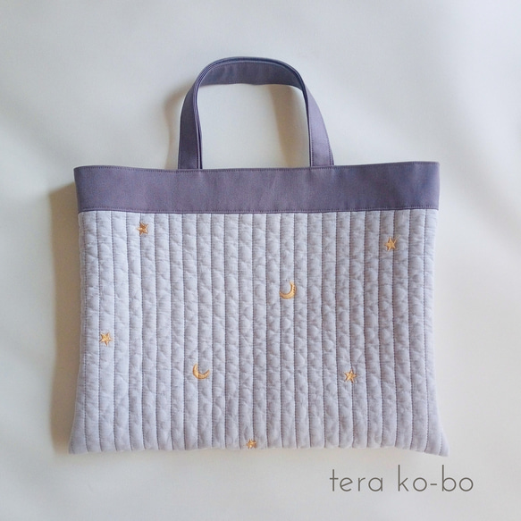 入園グッズ　月と星の刺繍　グレー 2枚目の画像