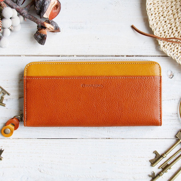 送料無料>令和の縁起物 バイカラーのヌメ革財布 オレンジ/イエロー