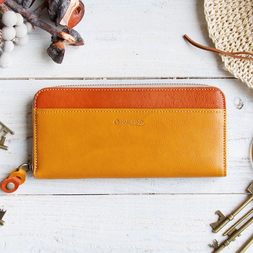 <送料無料>令和の縁起物 バイカラーのヌメ革財布 イエロー/オレンジ ラウンドファスナー レザー（牛）