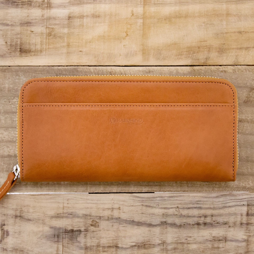<送料無料>ヌメ革長財布ラウンドファスナー　キャメル（レザー 牛キップヌメ）