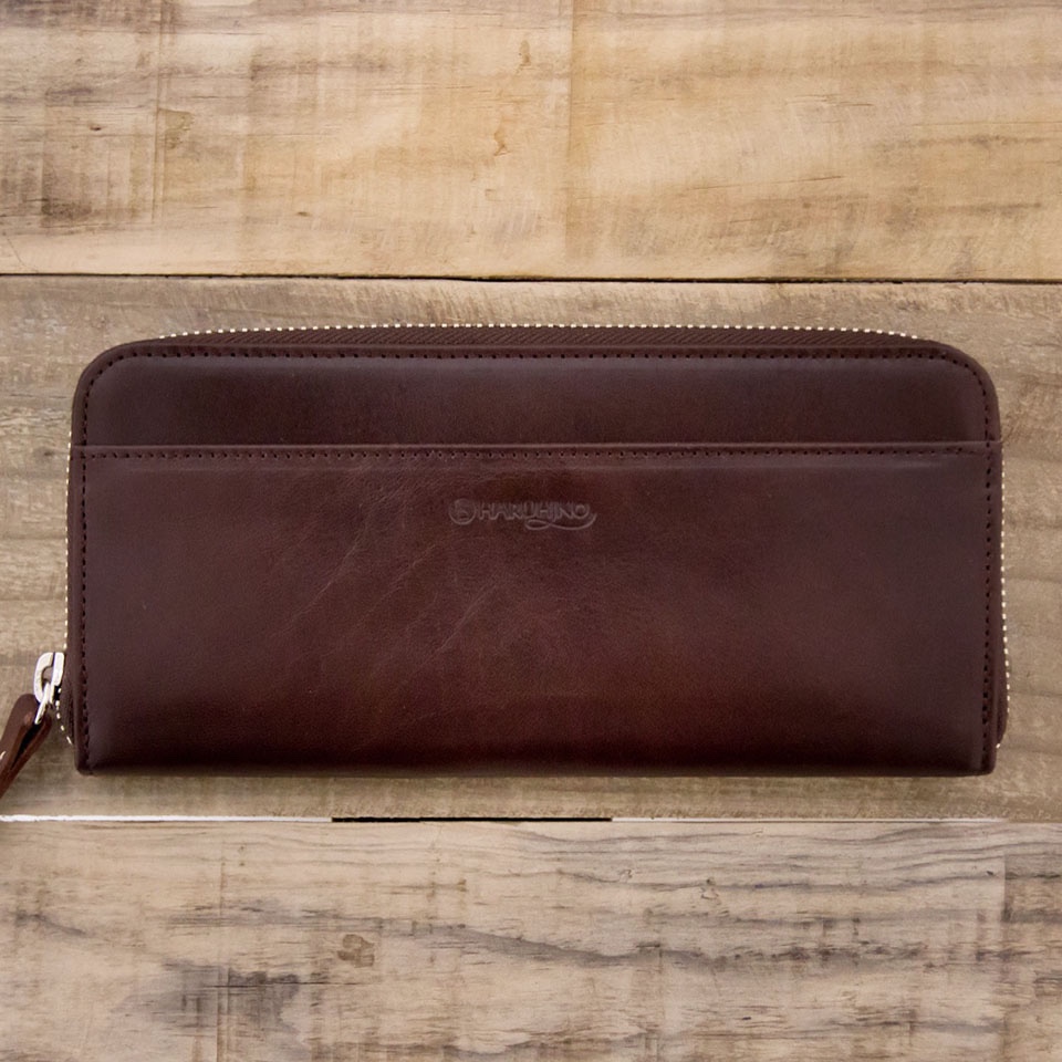 <送料無料>ヌメ革長財布ラウンドファスナー　チョコ（レザー 牛キップヌメ）