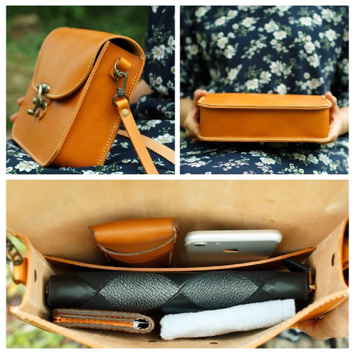 蝶モチーフのアンティークなヌメ革ショルダーバッグ（グリーン