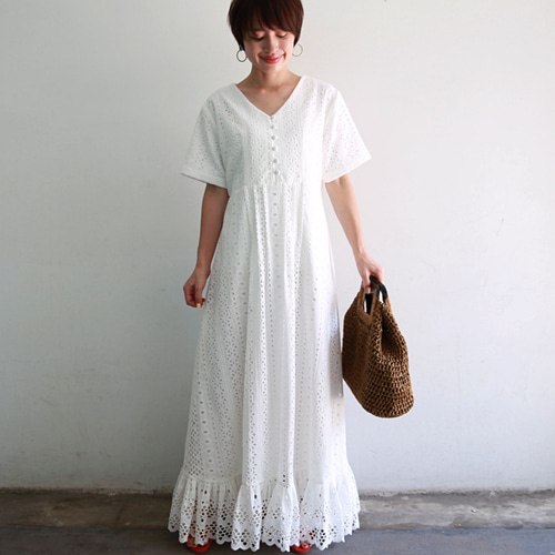antigue カットレースリネンガーゼVネック dress