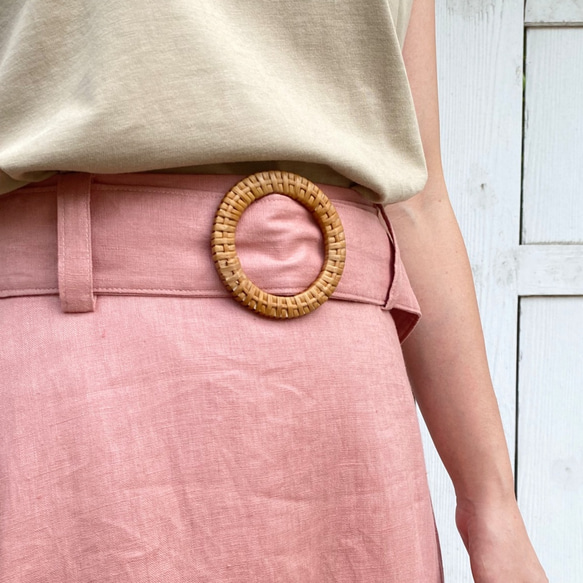 リネン ラタンバックル付き フレアマキシスカート　ピンク 6枚目の画像