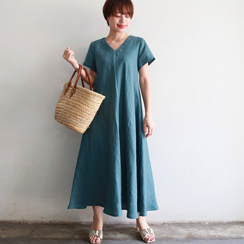 美品⭐︎ハグオーワー　リネン　バックリボン　ワンピース バック リボンワンピース リネン素材のロングワンピース モスグリーン