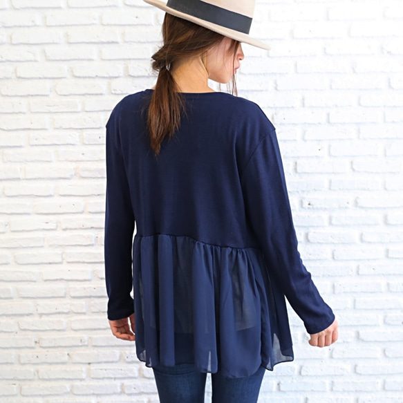 不同材質的喇叭形開襟羊毛衫<Layla>海軍 第4張的照片