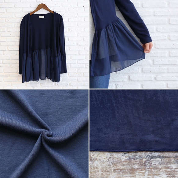 不同材質的喇叭形開襟羊毛衫<Layla>海軍 第5張的照片