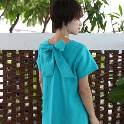背部絲帶連衣裙亞麻材質長連衣裙綠色藍色0160GRBL 第3張的照片