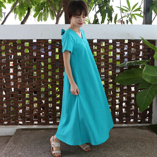 バック リボンワンピース リネン素材のロングワンピース グリーン