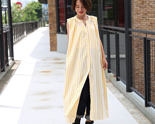 Munsingwear ストライプ ノースリーブワンピース ノースリーブ シャツワンピース ストライプコットン イエロー