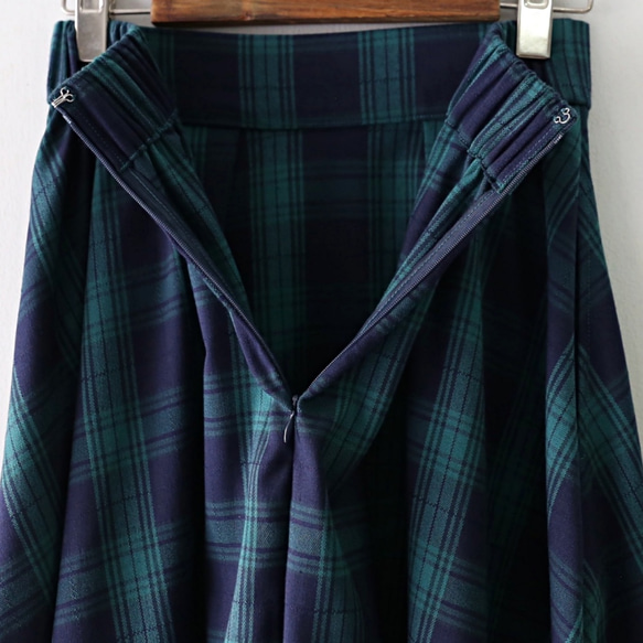 棉x羊毛Madras格紋長裙綠色/海軍藍 第9張的照片