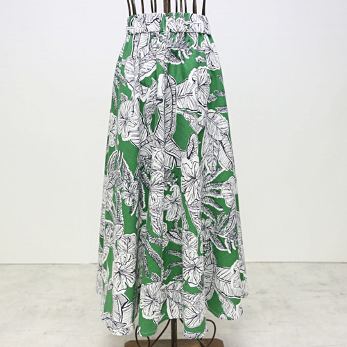 リネン ボタニカル柄 フレアマキシスカート グリーン ロングスカート