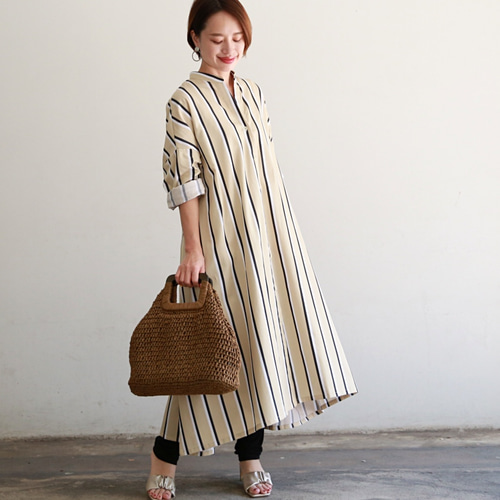コットンシャツワンピース 前開きボリュームシャツワンピ ベージュ  