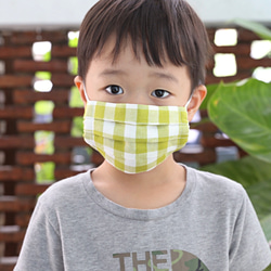 幼児用 マスク 3枚セット　チェックリネンマスク　裏ガーゼ素材使用　グリーン / オレンジ / クリーム 3枚目の画像
