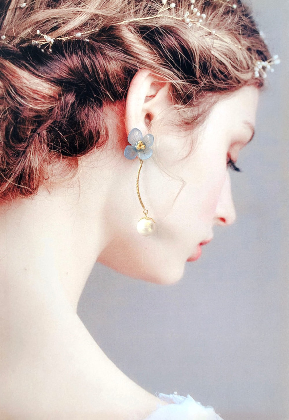 PUREST HOME 藍繡球女神の棉珍珠不凋花(可拆式)垂墜耳環/附禮盒 第5張的照片