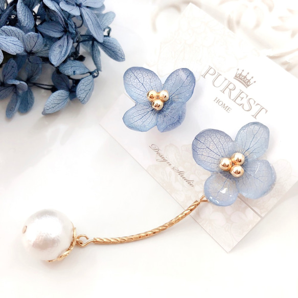 PUREST HOME 藍繡球女神の棉珍珠不凋花(可拆式)垂墜耳環/附禮盒 第6張的照片