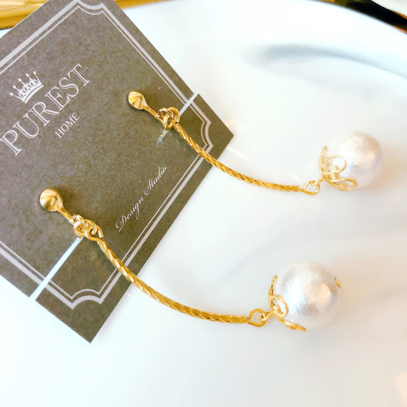 PUREST HOME 氣質典雅の日本棉珍珠-垂墜黃銅耳環 第6張的照片