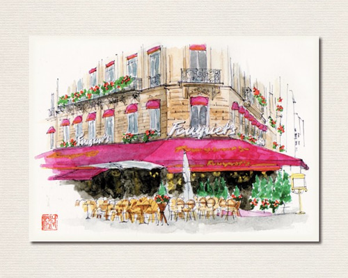 水彩画　PIERRE PAGES 　フランス 水彩画ポストカード5枚セット〈フランス・パリの風景〉 ポスト
