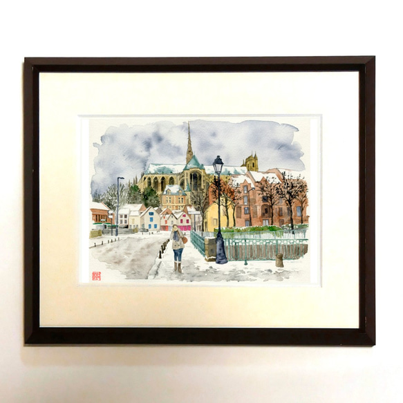 水彩風景画　額装品（ジークレープリント）　『雪染めのアミアン大聖堂』 1枚目の画像